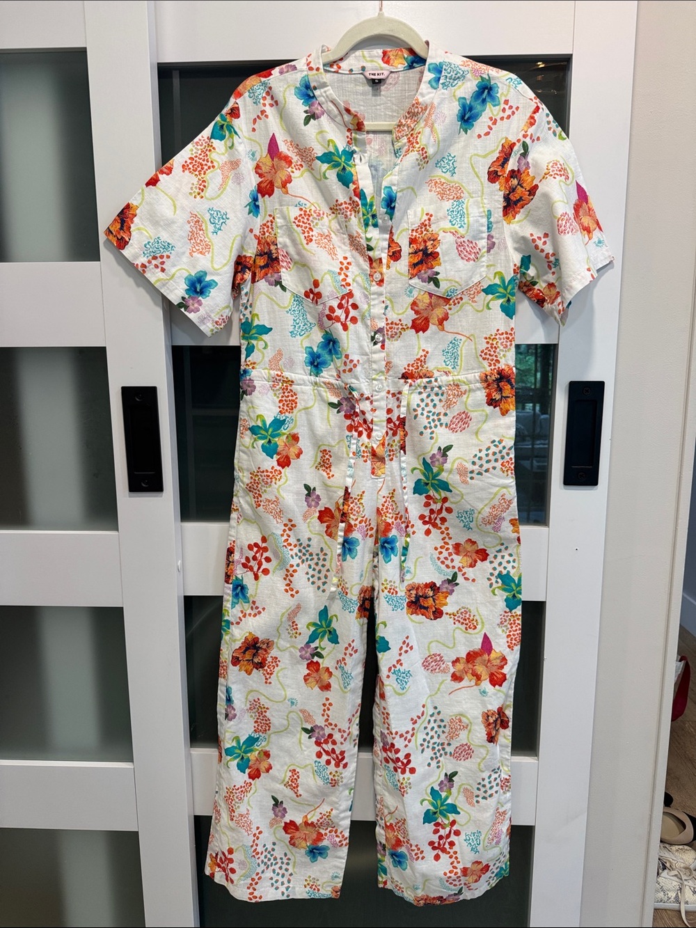 Floral Button-Front Summer White Jumpsuit waist tie in Small
